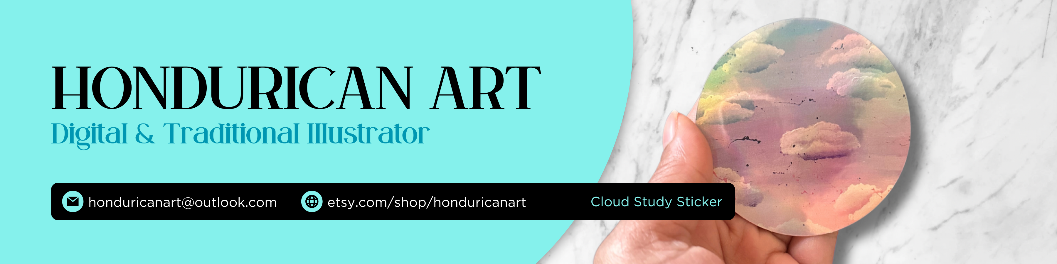 Hondurican Art digital and traditional illustrator banner with a colorful cloud illustration.