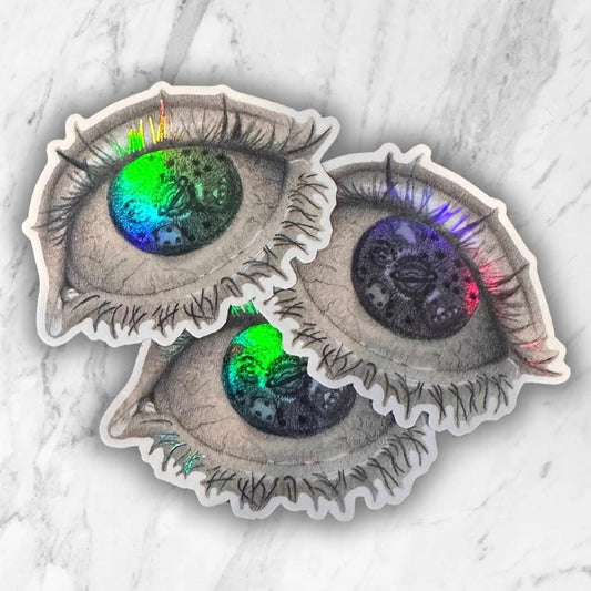 Planetary Eye Sticker | Cosmic Gaze: Black and White Eye Sticker with Glittering Galaxy Accents