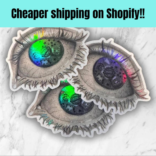Planetary Eye Sticker | Cosmic Gaze: Black and White Eye Sticker with Glittering Galaxy Accents